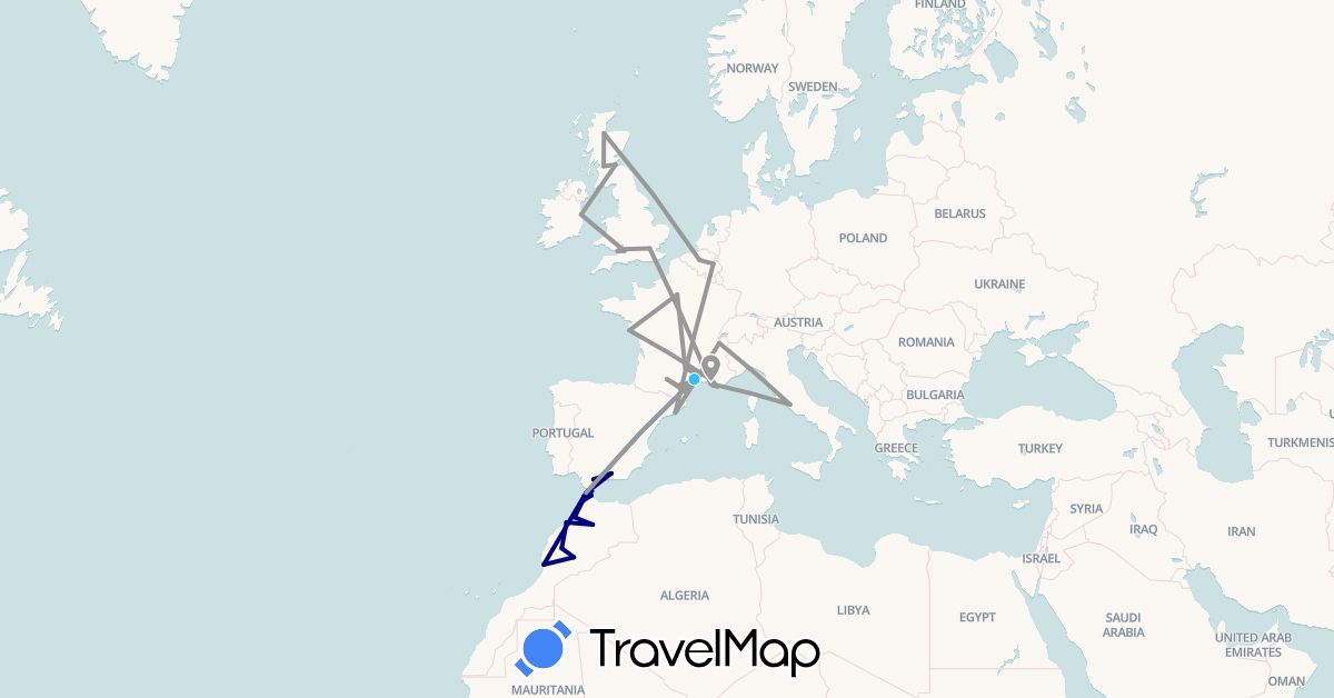 TravelMap itinerary: driving, plane, boat in Belgium, Spain, France, United Kingdom, Ireland, Italy, Morocco (Africa, Europe)